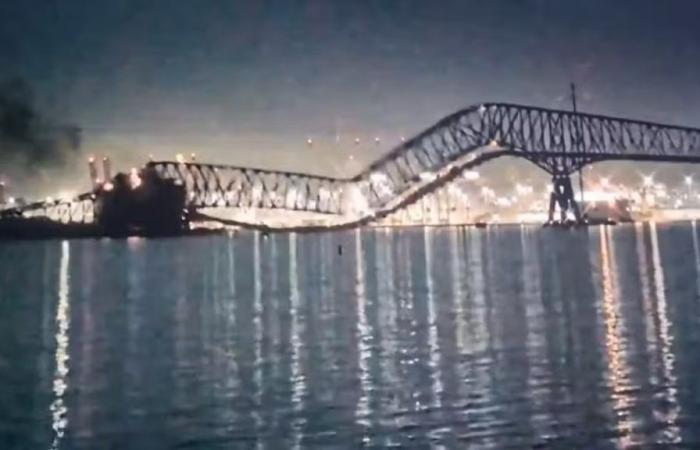 Stunning video shows moment bridge collapses after being hit by ship