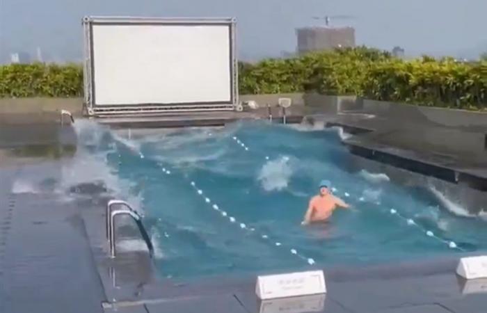 Video: Man trapped in pool during earthquake in Taiwan
