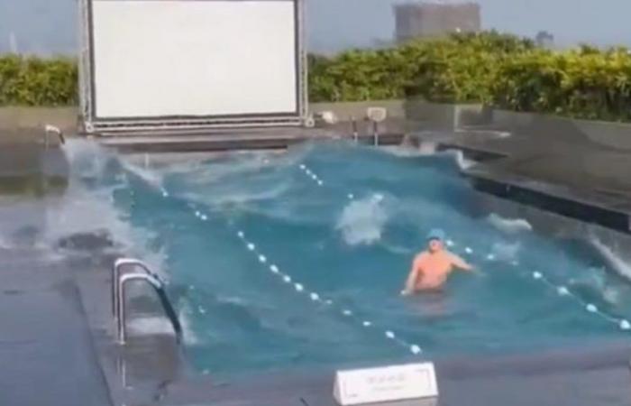 VIDEO: Tourist is surprised by earthquake while swimming in pool in Taiwan
